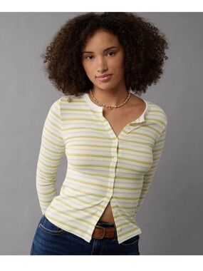 American Eagle Outfitters Yellow & White Striped Button-Front Top